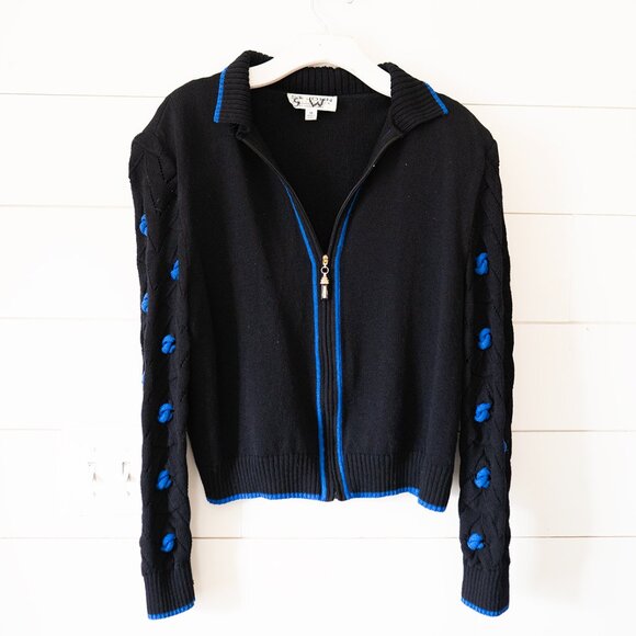 ST JOHN KNIT SIZE 14 SANTANA CLASSIC Black with Blue TRIM Cardigan Jacket Top - Picture 1 of 6